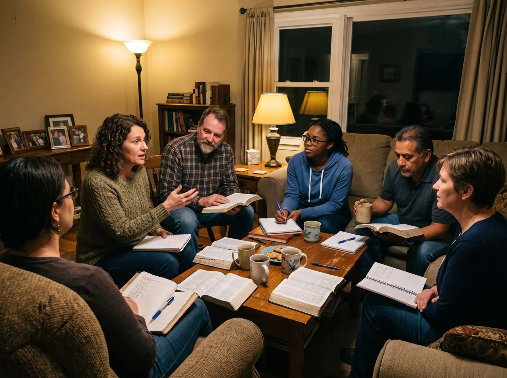 Un grupo de Biblia reunido en una sala