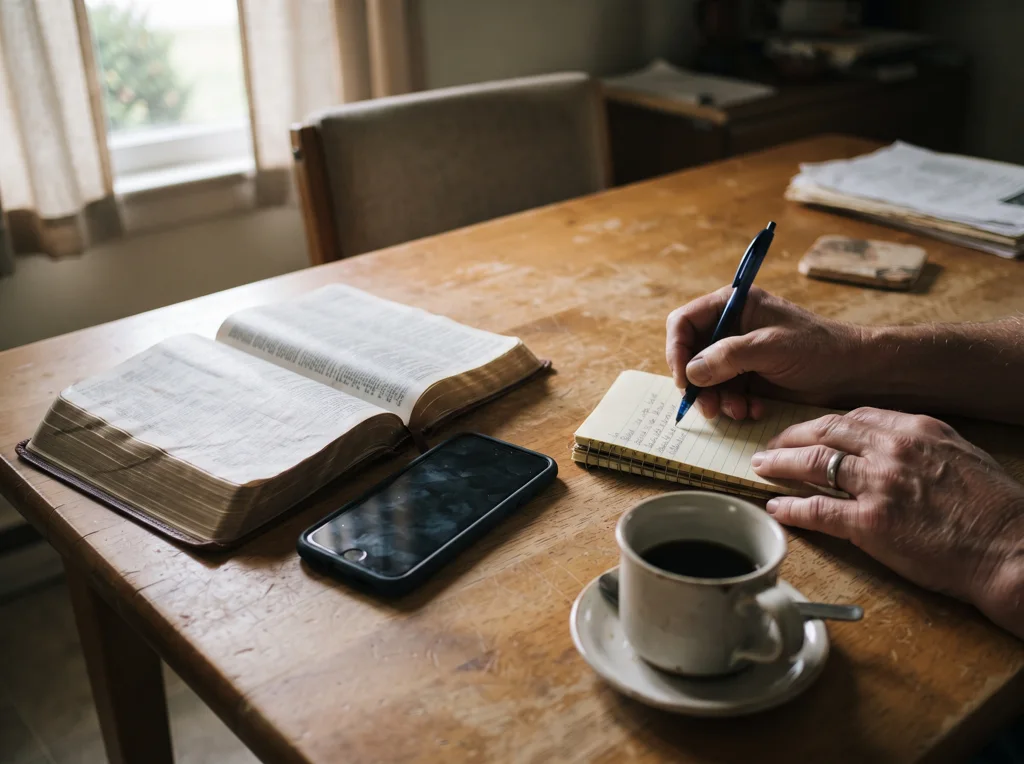 Una Biblia abierta junto a un celular por la mañana